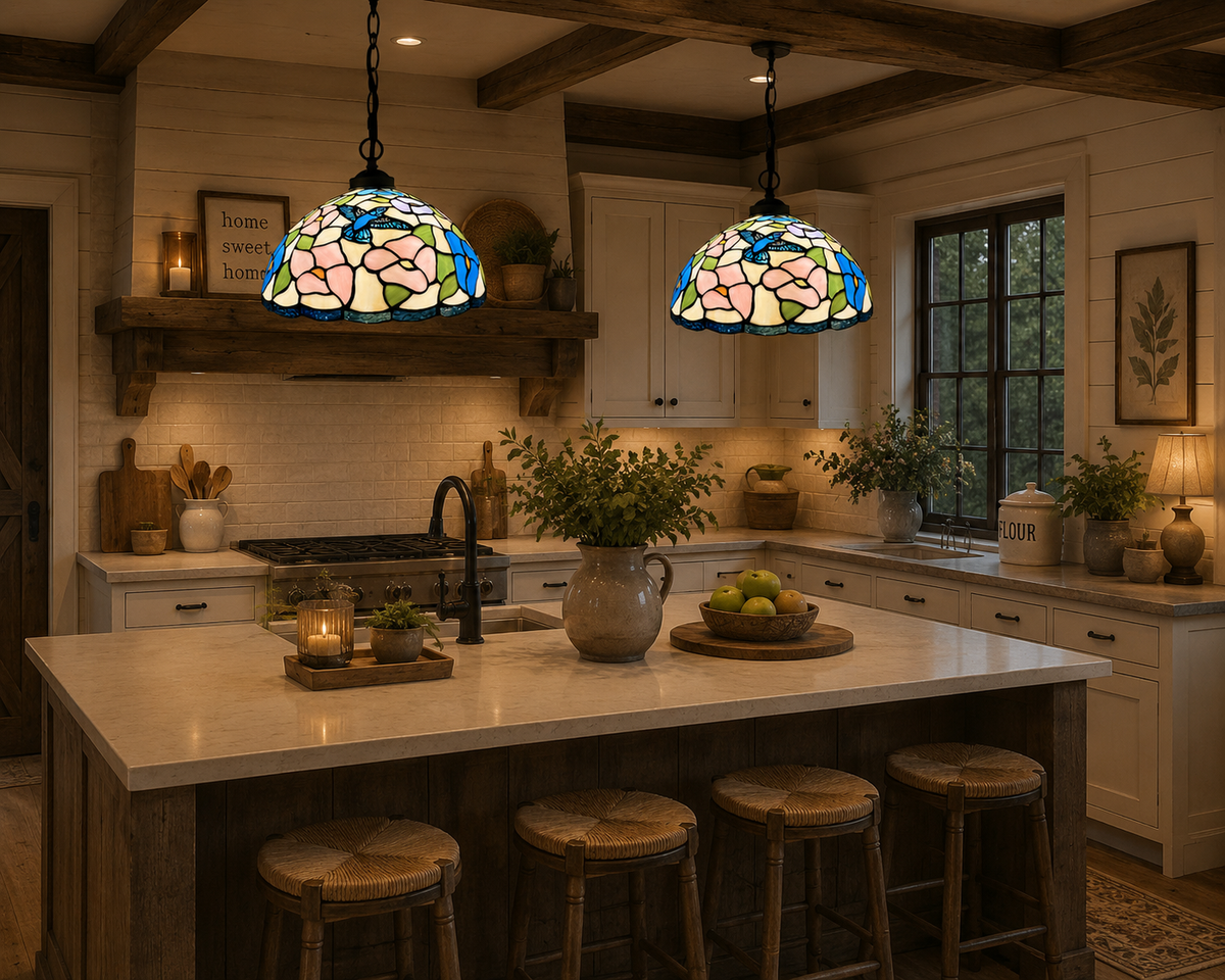 Tiffany Style Hanging Lighting Blue Pink Stained Glass Hummingbird