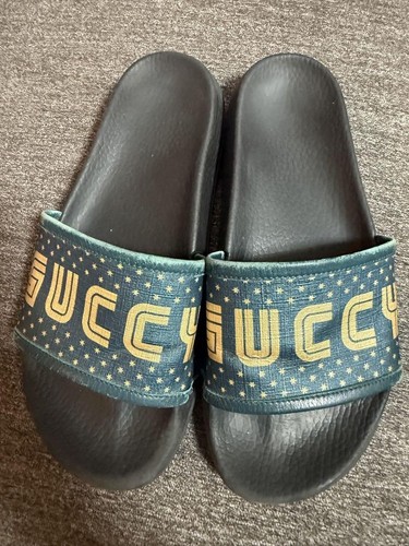 Auth Men's GUCCI Sandals Size EU41 US7.5 Logo Leather Dark green Flat Used - Picture 7 of 24