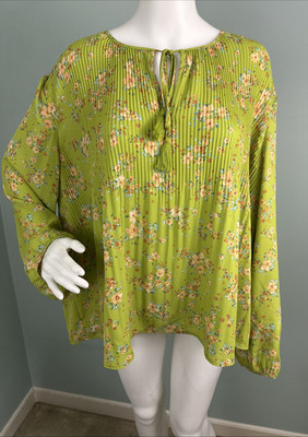 Women's DR2 by Daniel Rainn L/S Green Floral Print Pleated Blouse Top Sz XL NWT