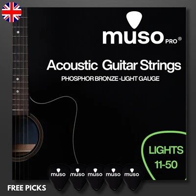 MUSO PRO Acoustic Guitar Strings Phosphor Bronze 6 String Set 11-50 Gauge 5 Free Picks