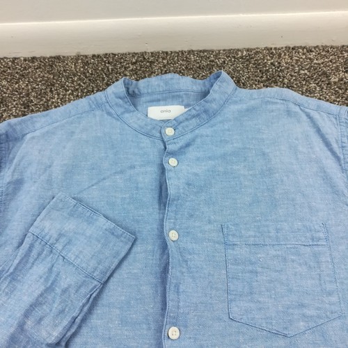 Onia Shirt Linen Blend Long Sleeve Button Up Banded Collar Blue Mens Large