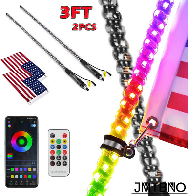 Pair 3ft RGB Spiral LED Whip Lights Antenna Chase + Flag for Honda