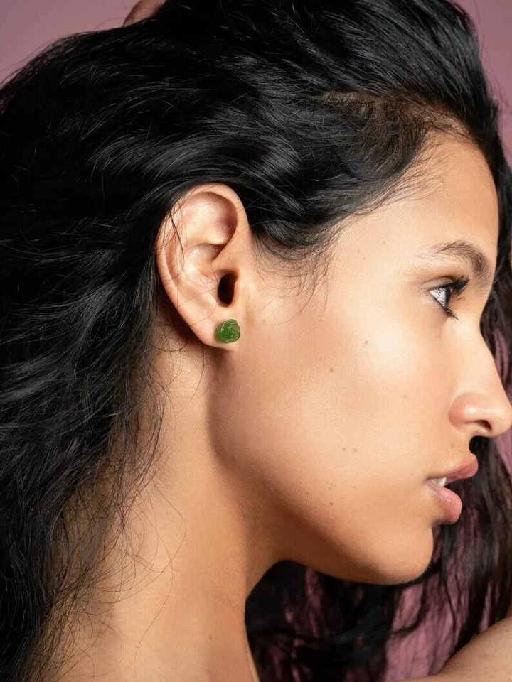 Hand Carved Green Jade Rose Flower Sliver Healing Reiki Dainty Stud Earrings - Image 4 of 4