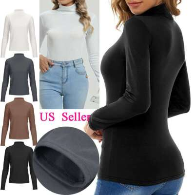 #ad Turtleneck Long Sleeve Basic Knit Top Shirt Stretch Cotton Solid Ribbed T Shirt $12.95