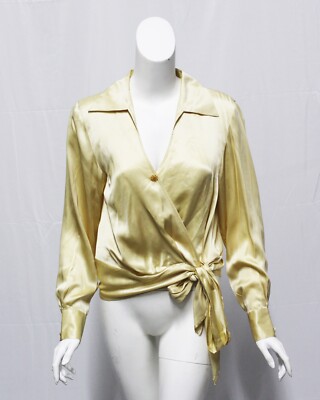 Vintage Custom-Made Womens Blouse Yellow Silk Decorative Button