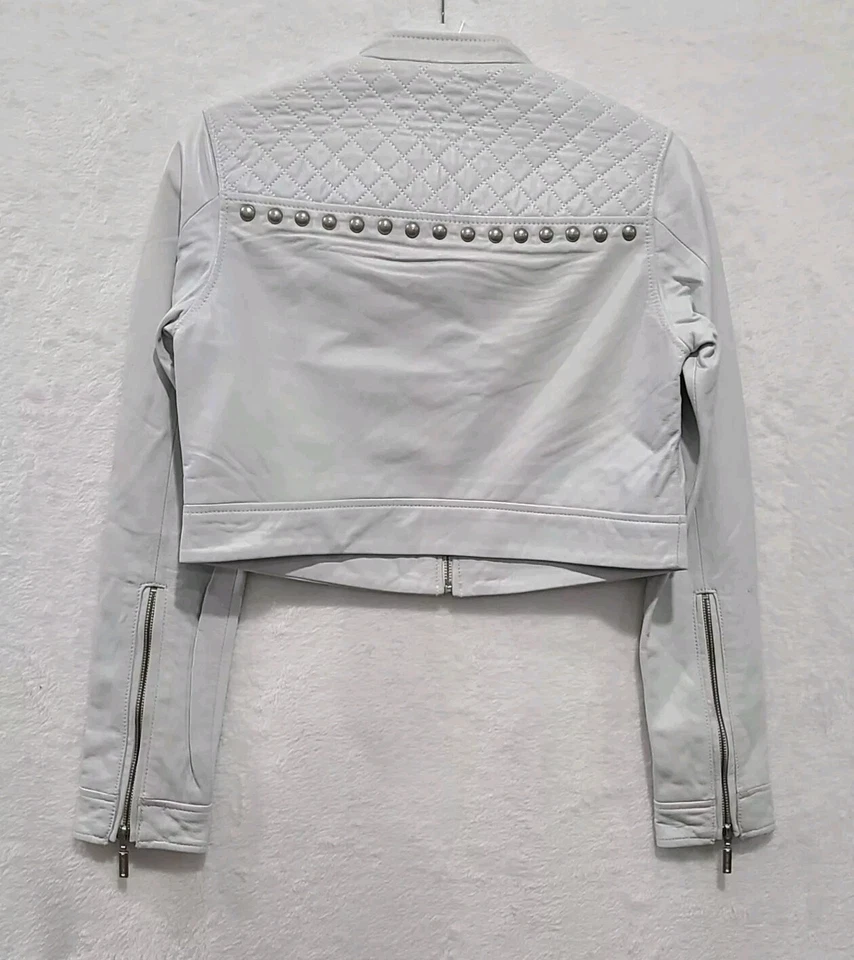 NUEVO CON ETIQUETAS Chaqueta de Cuero Laila Affliction Negra Premium Para Mujer Blanca Corta Motociclista MMA  Foto 4 de 4