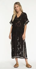 NWT $248 NIGHTCAP FREE PEOPLE SUN KISSED BLACK LACE TRIBAL POM KAFTAN DRESS S
