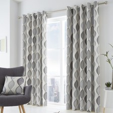 Fusion Lennox Geometric Ogee 100% Cotton Eyelet Fully Lined Curtains Pair Grey