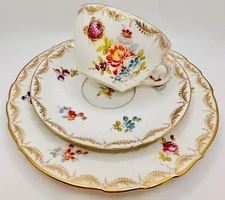 RL Dresden Hand Painted Rose Floral Gold Embossed Cup Saucer Plate Trio; Teacup