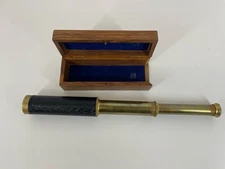 Nautical Brass/Black Leather Spyglass Telescope with Wooden Box Read