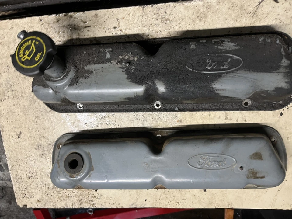 87-96 FORD 302 351W 5.0 5.8 ALTO CAMIÓN F150 PAR DE CUBIERTAS DE VÁLVULA OEM ACERO ESTAMPADO Foto 2 de 4