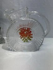 Vintage Clear Glass Disc Pitcher Ribbed Tilt W/ Ice Cube Catcher Spout W/Leaves