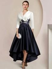 V-Neck Asymmetrical 3/4 Length Sleeve Mother of the Bride Dress A-Line Satin hot