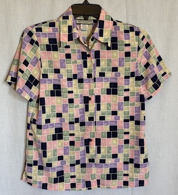 Vintage Y2K 80's 90's Women's NOTATIONS Button Up Shirt Blouse Colorful Check SM