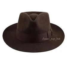 New Brown 100% Wool Hand Made Wider Brim Felt Fedora Trilby Hat With Band