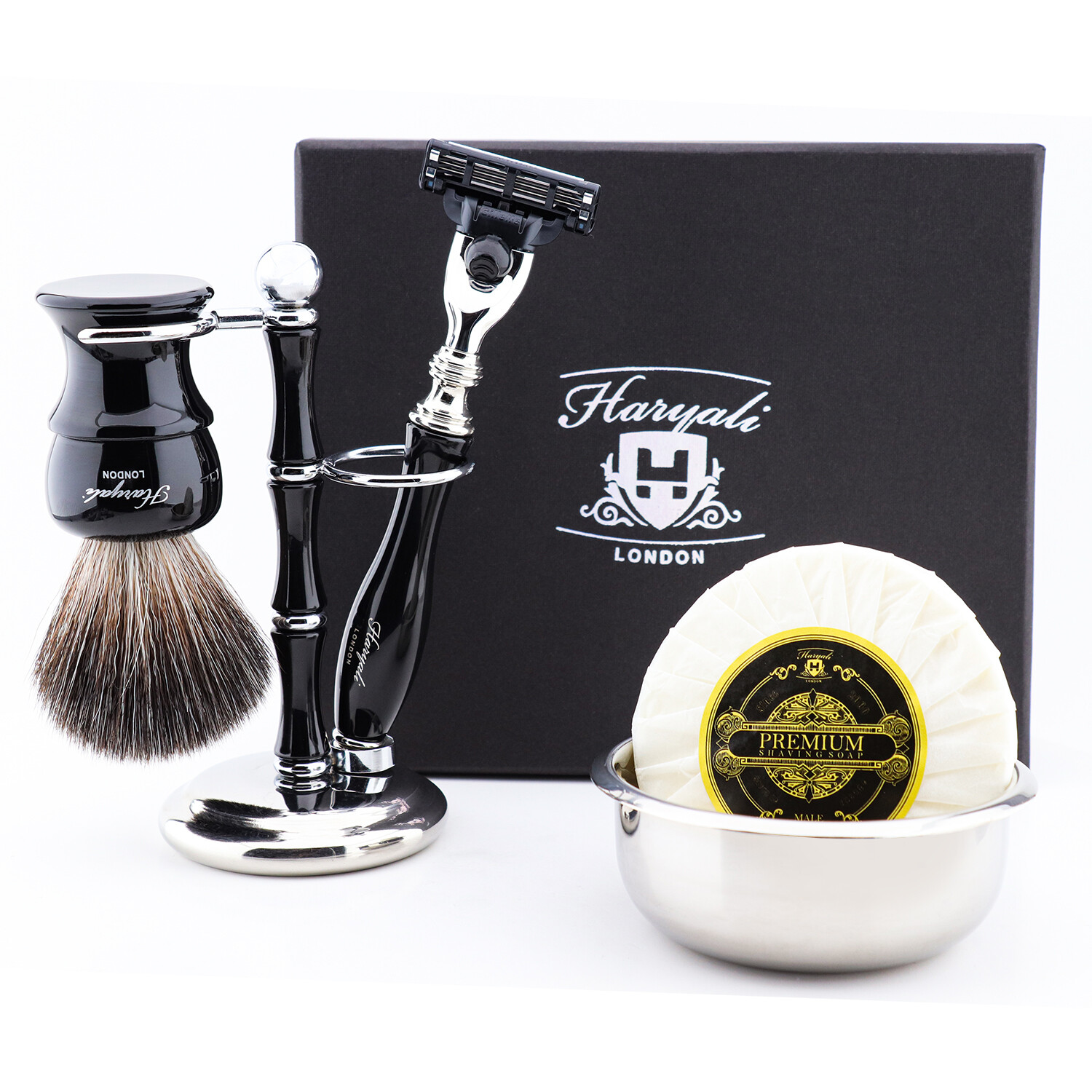 Shaving Set for Men with 3 Edge Cartridge Razor, Brush, Stand, Bowl & Soap