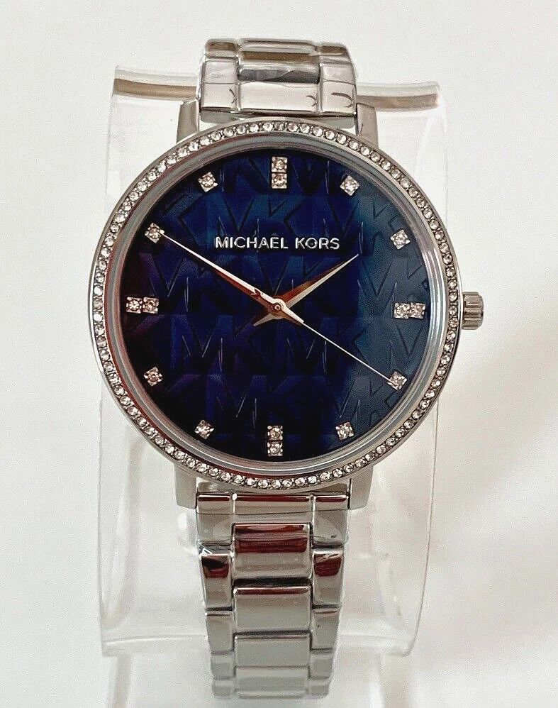 Nuovissimo orologio da donna Michael Kors MK4671 Pyper 38 mm quadrante blu tono argento