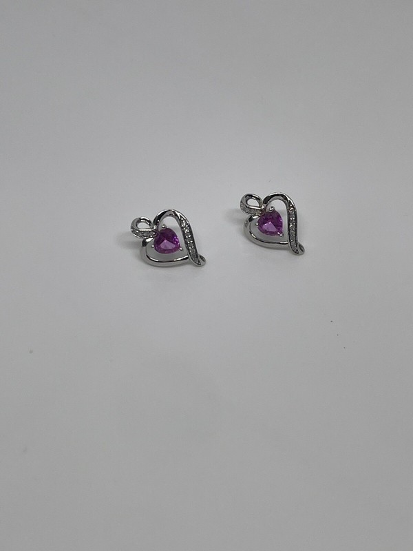 Sterling Silver 925 Diamonds & Pink Tourmaline Heart Earrings
