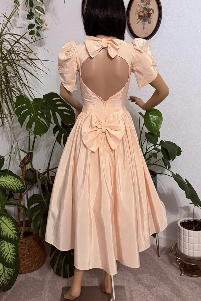 Vintage 80s Does 50s Pink Prom Wedding Bridesmaid Backless Basque Waist Dress XS - Image 3 of 4