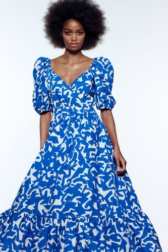ZARA PRINTED POPLIN DRESS BLUE WHITE FRILL PUFF SLEEVE MAXI LONG DRESS M  MEDIUM | eBay