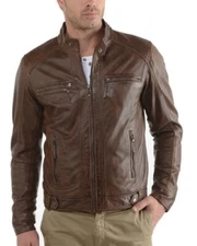 Motorcycle Men Leather Genuine Lambskin Brown Bomber Leather Jacket XS-2XL FB27