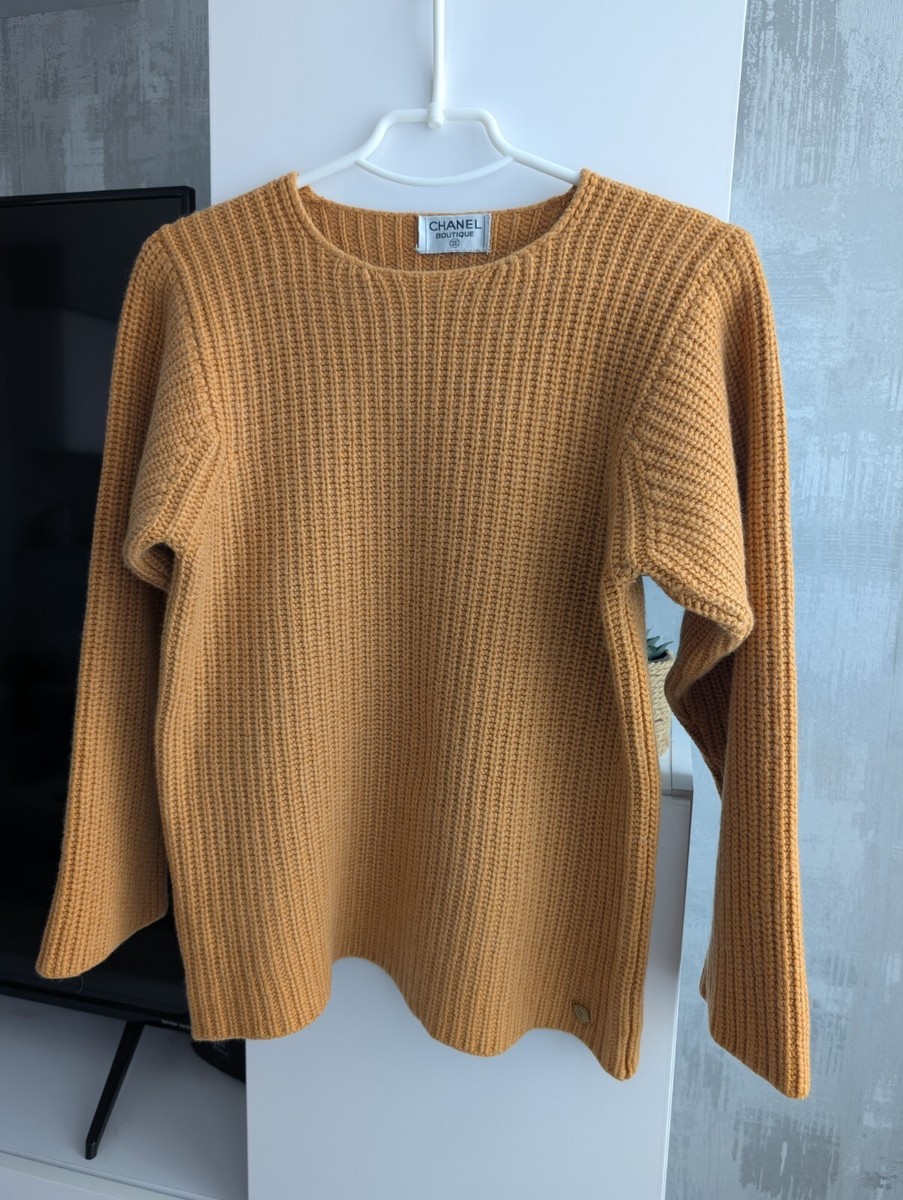 Chanel Boutique CC Logo Vintage Mustard Wool Knit Cardigan Sweater