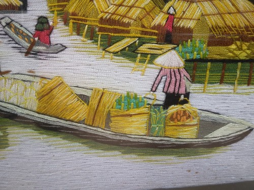 Vtg Hand Embroidered Long Stitch Vietnamese Landscape Framed Art Wall Decor Nice - Picture 6 of 11