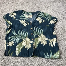 VTG Paradise Found Hawaiian Shirt Blouse Womens Medium Blue White Green Floral