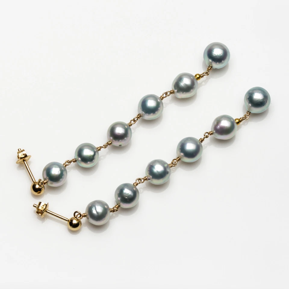 Pendientes colgantes largos de plata real de perlas Akoya de oro amarillo macizo de 14 k 7-7,5 mm Foto 3 de 4