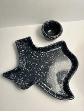 Frankoma Texas Shaped Chip With Dip Bowl. Blue With White Splatter. 