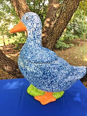 Vintage Blue Willow Spackle Speckled GOOSE DUCK Cookie Jar Japan