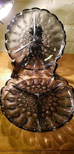 VINTAGE PAIR OF AMETHYST DEPRESSION GLASS DIVIDED SERVING DISHES