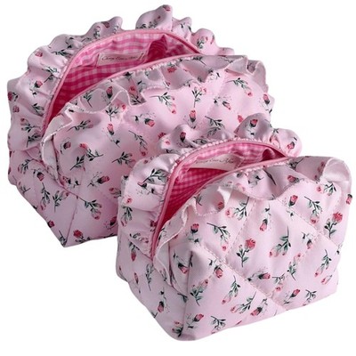Quilted Pink Rose Makeup Bag Set of 2, Ruffled Cotton Cute Floral Pouches, La...