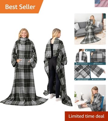 Luxurious Wearable Blanket with Sleeves in Plaid Charcoal, Perfect Gift Idea
