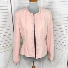 Dress Barn Jacket Women Medium Pink Embroidered Microfiber Blazer Open Front