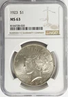 1923 $1 Peace Silver One Dollar US NGC MS63 Philadelphia