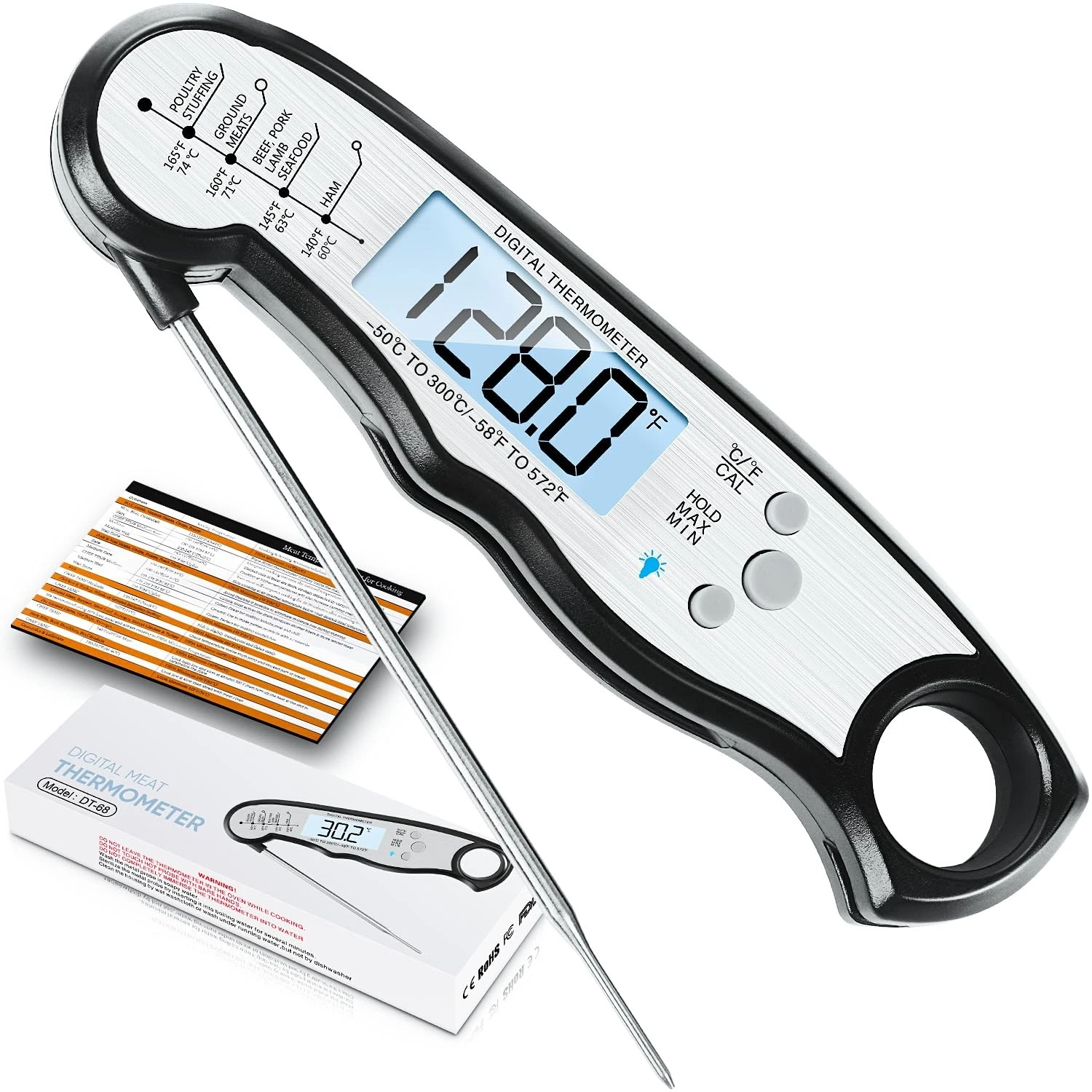 Digital Meat Thermometer Waterproof Instant Read Black Silver