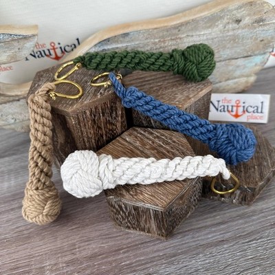 Rope Bell Pull w/ Monkey Fist Knot Ball & Brass Shackle, White, Tan, Green, Blue