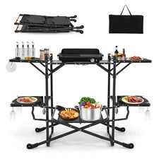 Camping Kitchen Table Folding Portable Outdoor Cook Station w/ 4 Side Tables