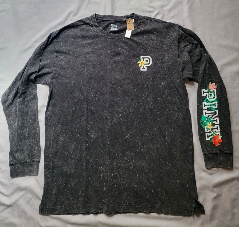 Victoria's Secret PINK Long Sleeve Acid Wash Black T-Shirt Sz XL Floral Love