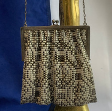 Vtg Mesh Purse Enamel Wristlet Formal Hand Bag Black  White Patterned