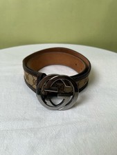 Gucci Monogram Leather Belt with Interlocking Double G Silver Buckle