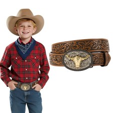 Kids Western Cowboy Belt for Boys Girls  Adjustable Embossed Leather Belt with...
