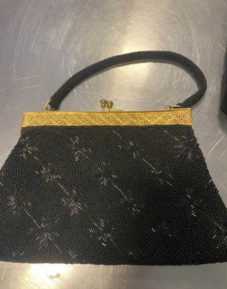 Vintage-Inspired Black Beaded Evening Bag with Gold Frame - Image 3 of 4