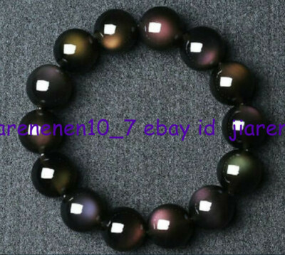 Natural 14mm  Black Obsidian Rainbow Gems Round Beads Stretch Bracelet 7.5 in