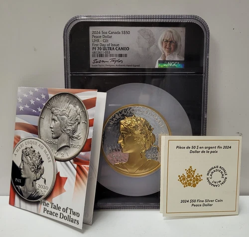 2024 5oz Canada S$50 Peace Dollar UHR-Gilt FDOI NGC PF70 Ultra Cameo