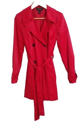 Style & Co Short Red Trench Jacket Rain Coat Womens SMALL Belt Y2K Vintage