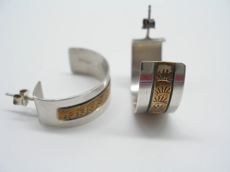 HOOP EARRINGS 12 KT GOLD FILLED STERLING SILVER 1"  SOUTHWEST STYLE  UNIQUE - Image 2 of 4