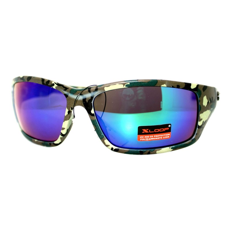 Xloop Sunglasses Men's Wrap Around Rectangular Camo Print Teal Mirror Lens