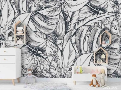 3D Hand Drawn Grey Leaf Floral Wall Murals Wallpaper Murals Wall Sticker - Image 1 of 4